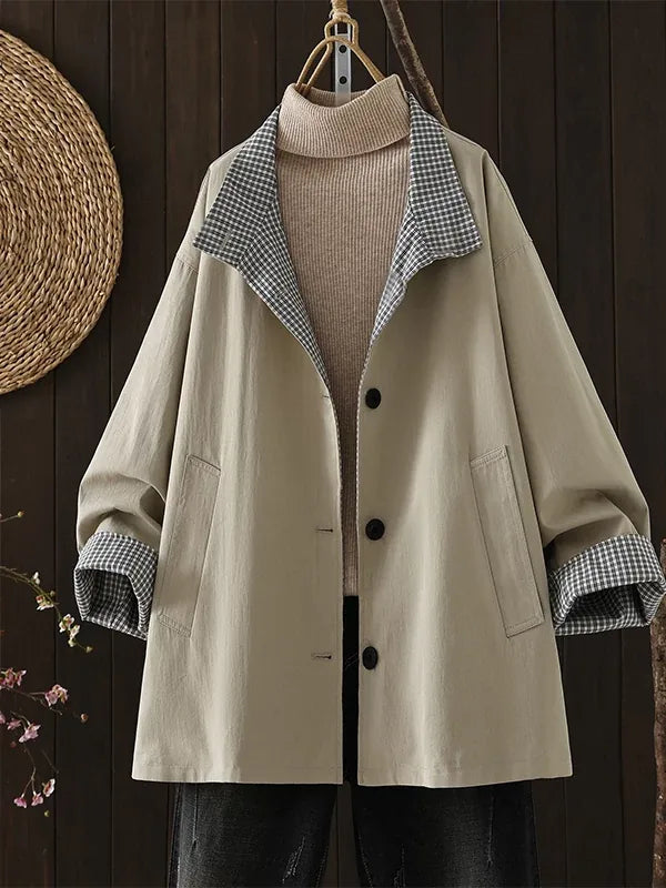 Plaid Trim Lapel Collar Patch Pocket Jacket