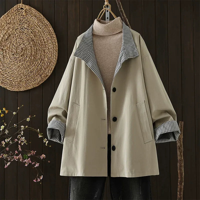Plaid Trim Lapel Collar Patch Pocket Jacket