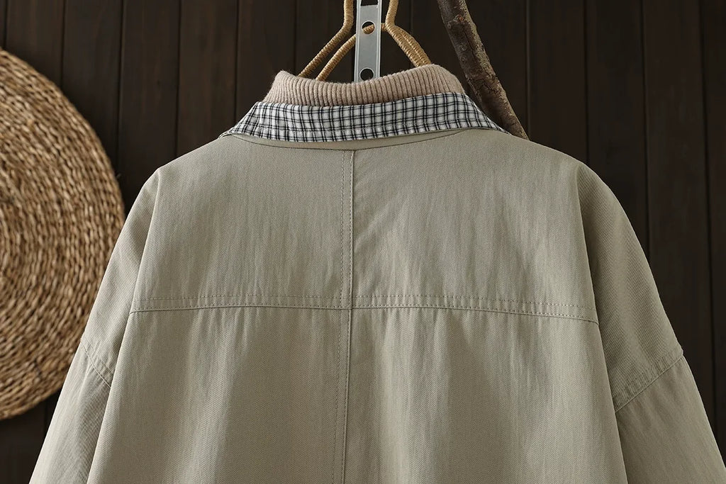 Plaid Trim Lapel Collar Patch Pocket Jacket