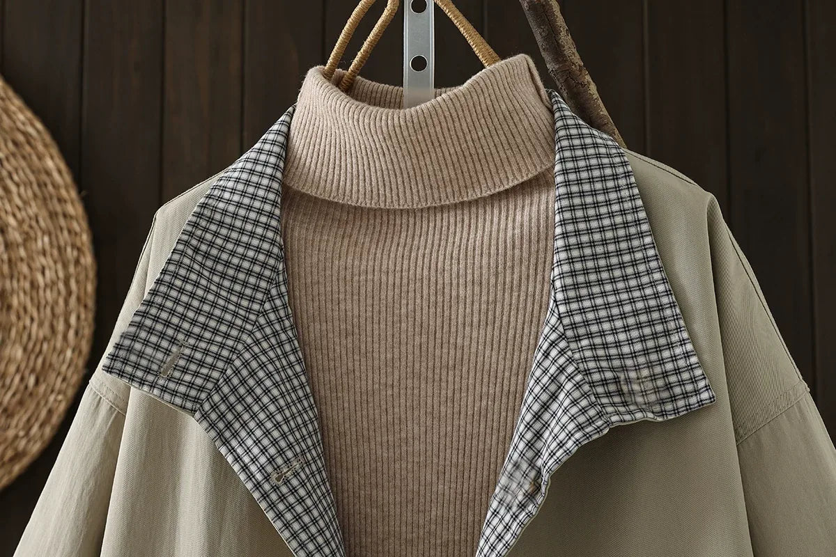 Plaid Trim Lapel Collar Patch Pocket Jacket