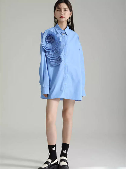 Plissiertes, geblümtes Langarm-Hemdkleid im französischen Stil, lockere Passform