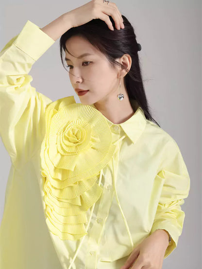 Plissiertes, geblümtes Langarm-Hemdkleid im französischen Stil, lockere Passform