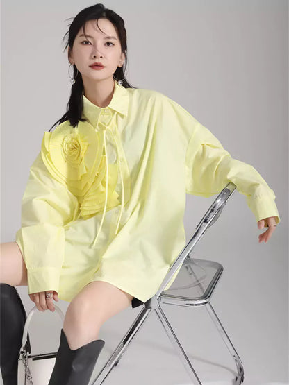 Plissiertes, geblümtes Langarm-Hemdkleid im französischen Stil, lockere Passform