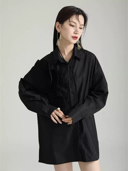 Plissiertes, geblümtes Langarm-Hemdkleid im französischen Stil, lockere Passform