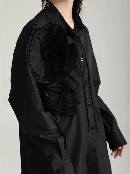 Plissiertes, geblümtes Langarm-Hemdkleid im französischen Stil, lockere Passform