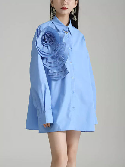 Plissiertes, geblümtes Langarm-Hemdkleid im französischen Stil, lockere Passform