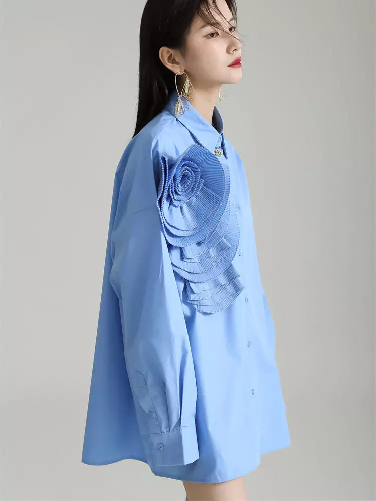 Plissiertes, geblümtes Langarm-Hemdkleid im französischen Stil, lockere Passform