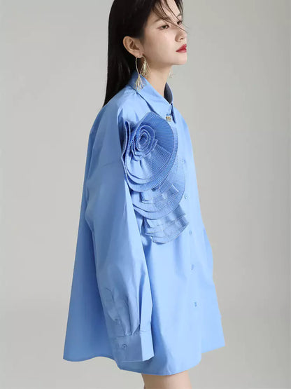 Plissiertes, geblümtes Langarm-Hemdkleid im französischen Stil, lockere Passform