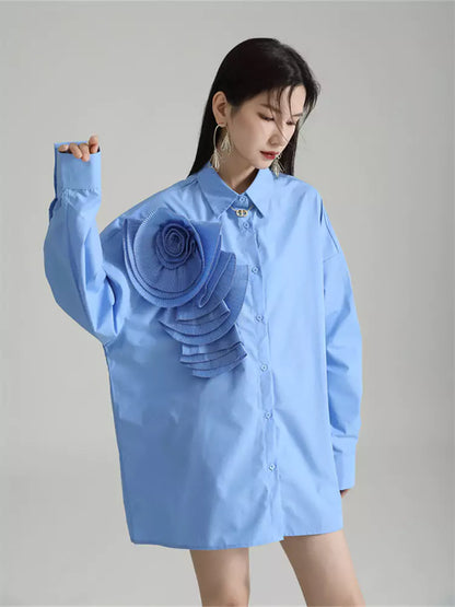 Plissiertes, geblümtes Langarm-Hemdkleid im französischen Stil, lockere Passform