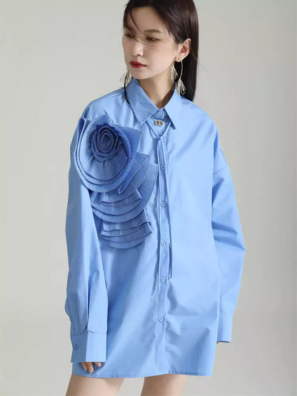 Plissiertes, geblümtes Langarm-Hemdkleid im französischen Stil, lockere Passform