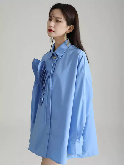 Plissiertes, geblümtes Langarm-Hemdkleid im französischen Stil, lockere Passform