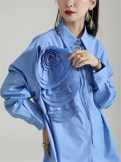 Plissiertes, geblümtes Langarm-Hemdkleid im französischen Stil, lockere Passform