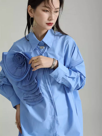 Plissiertes, geblümtes Langarm-Hemdkleid im französischen Stil, lockere Passform