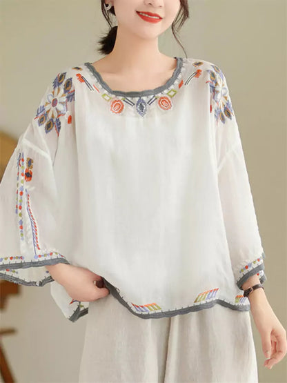 Plus Size Boho Embroidered 3/4 Sleeve Loose Fit Round Neck Tunic