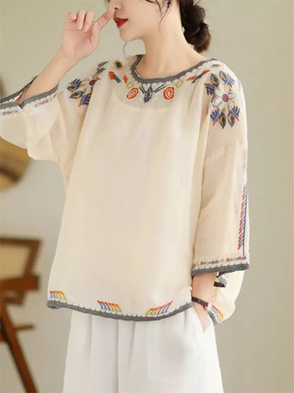 Plus Size Boho Embroidered 3/4 Sleeve Loose Fit Round Neck Tunic