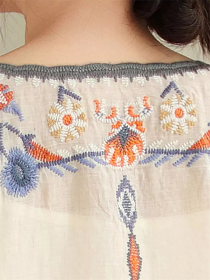 Plus Size Boho Embroidered 3/4 Sleeve Loose Fit Round Neck Tunic