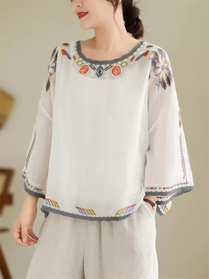 Plus Size Boho Embroidered 3/4 Sleeve Loose Fit Round Neck Tunic