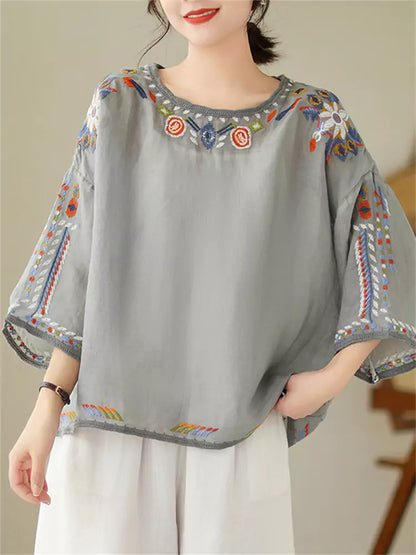 Plus Size Boho Embroidered 3/4 Sleeve Loose Fit Round Neck Tunic