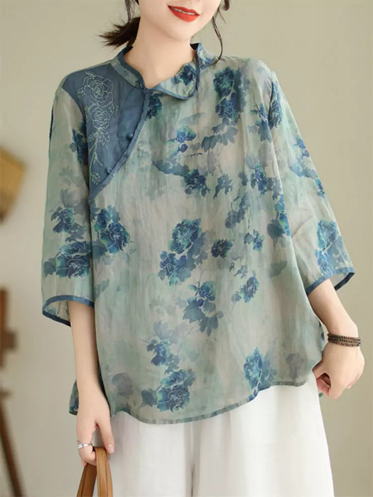 Plus Size Chinese Printed Ramie 3/4 Sleeve Contrast Embroidery Blouse