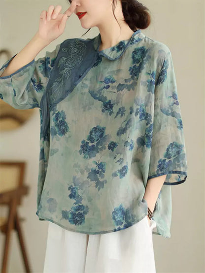 Plus Size Chinese Printed Ramie 3/4 Sleeve Contrast Embroidery Blouse