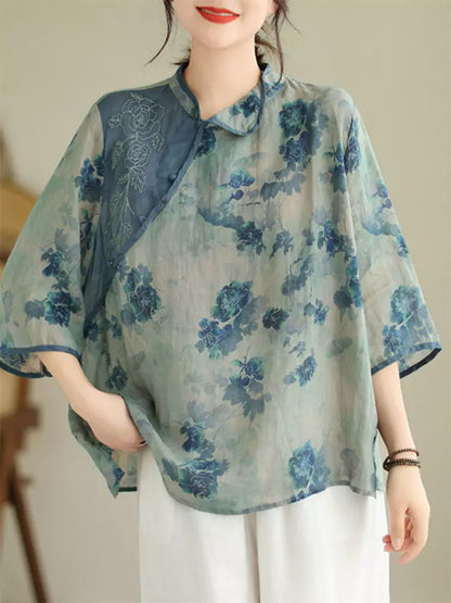 Plus Size Chinese Printed Ramie 3/4 Sleeve Contrast Embroidery Blouse