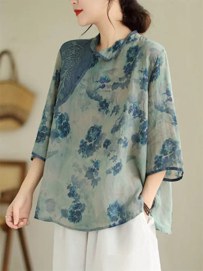 Plus Size Chinese Printed Ramie 3/4 Sleeve Contrast Embroidery Blouse