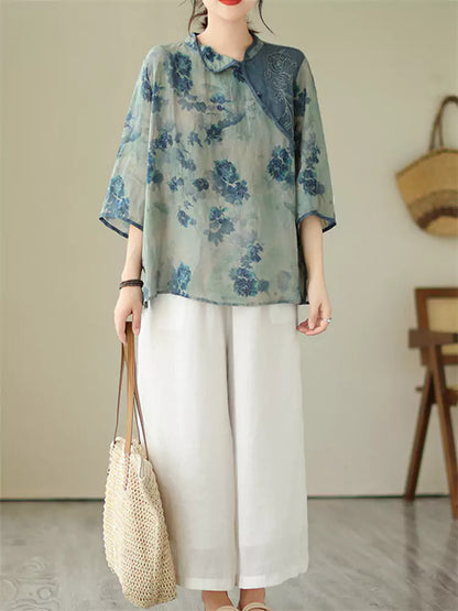 Plus Size Chinese Printed Ramie 3/4 Sleeve Contrast Embroidery Blouse
