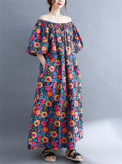 Plus Size Floral Print Off-Shoulder Maxi Dress