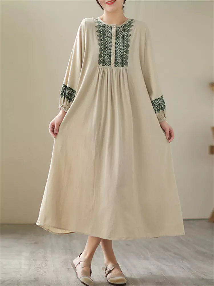 Beigefarbenes, besticktes Baumwoll-Leinen-Kleid in Übergröße mit Laternenärmeln
