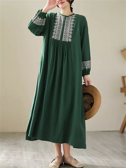 Beigefarbenes, besticktes Baumwoll-Leinen-Kleid in Übergröße mit Laternenärmeln