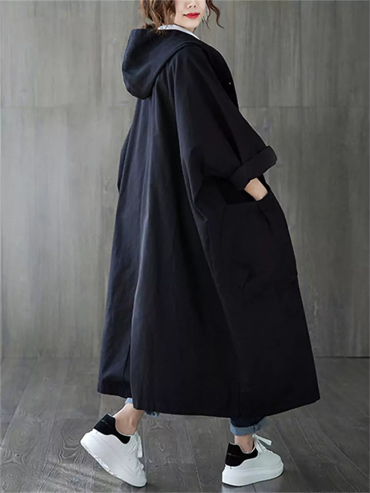 Women's Artsy Plus Size Hooded Versatile Trench Coat with Large Pockets