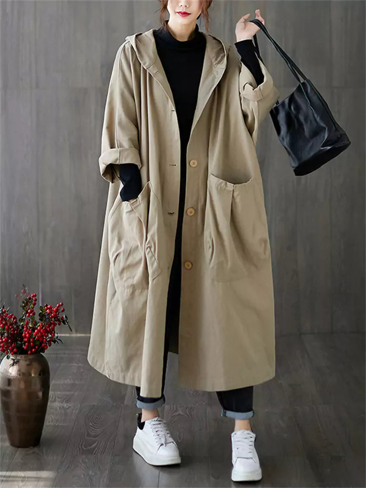 Women's Artsy Plus Size Hooded Versatile Trench Coat with Large Pockets