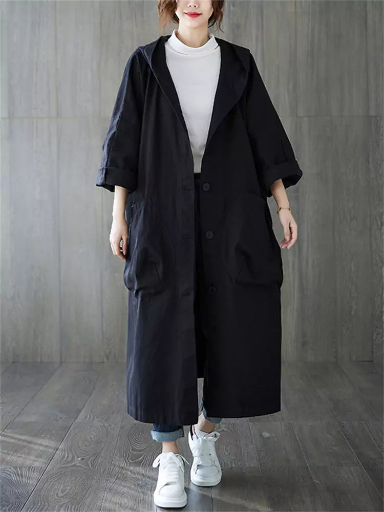 Women's Artsy Plus Size Hooded Versatile Trench Coat with Large Pockets
