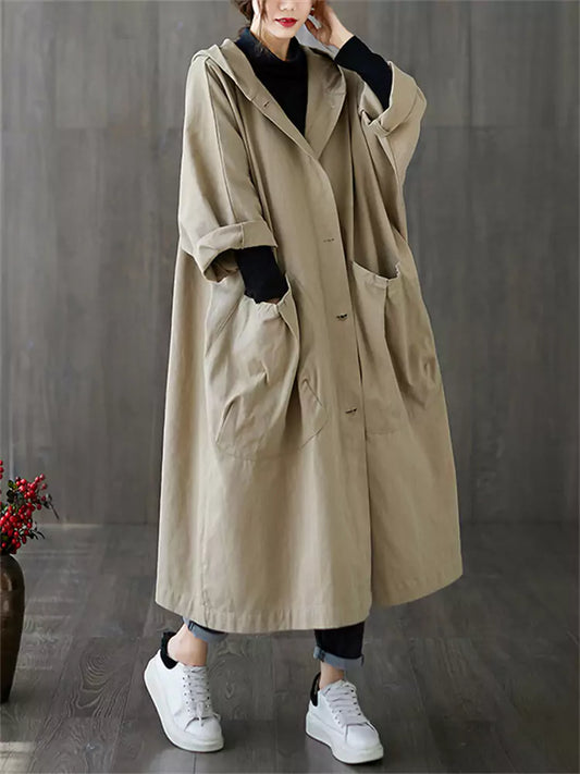 Women's Artsy Plus Size Hooded Versatile Trench Coat with Large Pockets