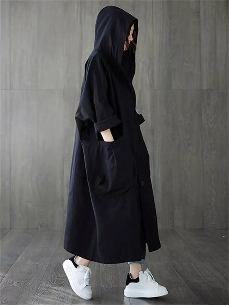 Women's Artsy Plus Size Hooded Versatile Trench Coat with Large Pockets