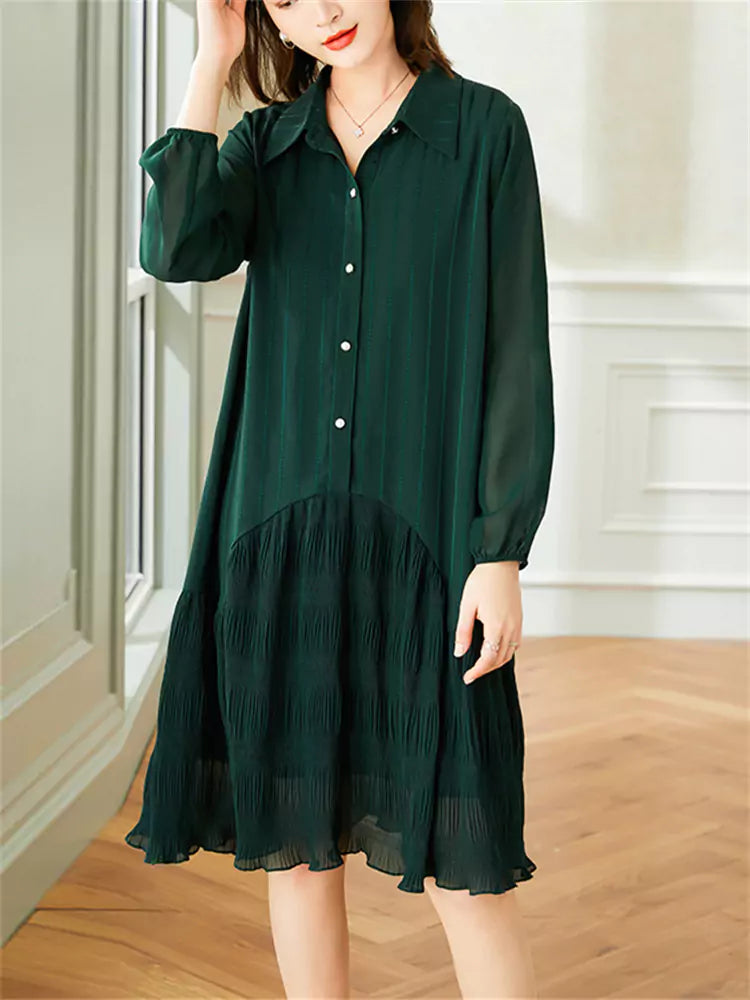 Pleated Panel Fishtail  A-Line Shirt Dress