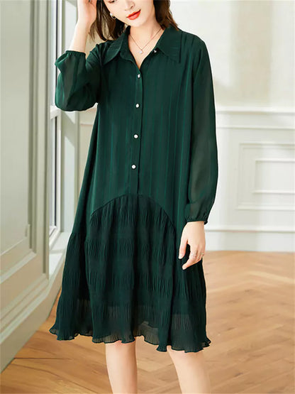 Pleated Panel Fishtail  A-Line Shirt Dress