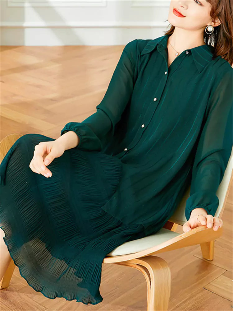 Pleated Panel Fishtail  A-Line Shirt Dress
