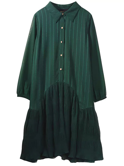 Pleated Panel Fishtail  A-Line Shirt Dress