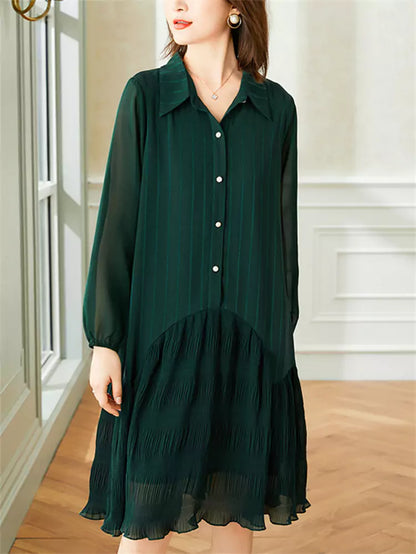 Pleated Panel Fishtail  A-Line Shirt Dress