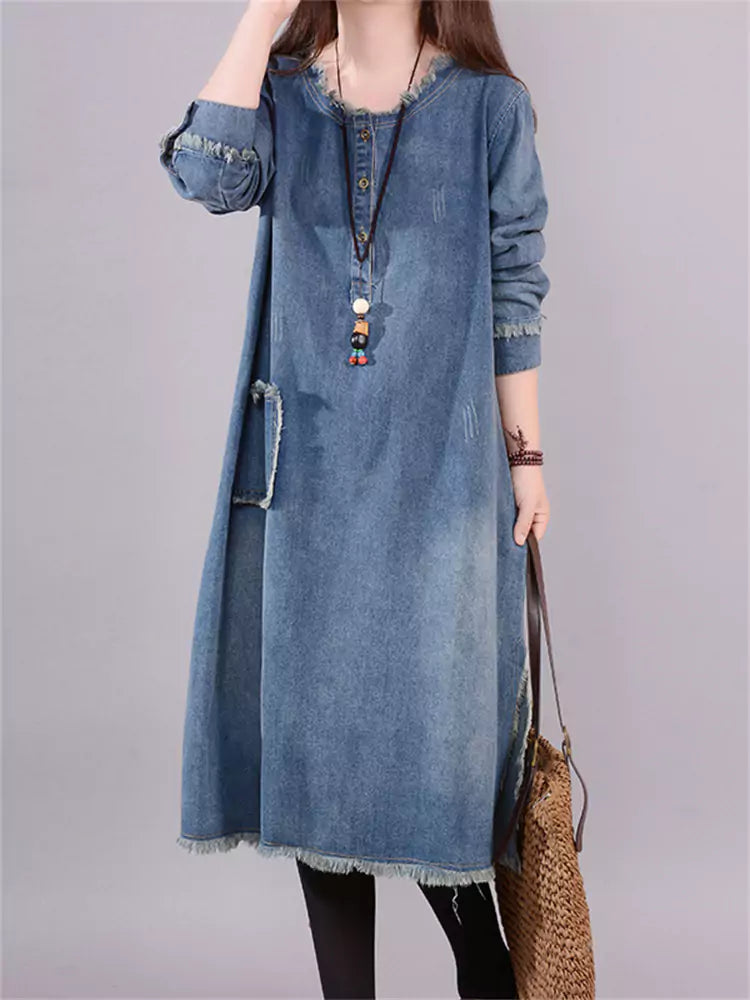 Damen-Hemdkleid in Übergröße mit Rissen, Taschen und langen Ärmeln
