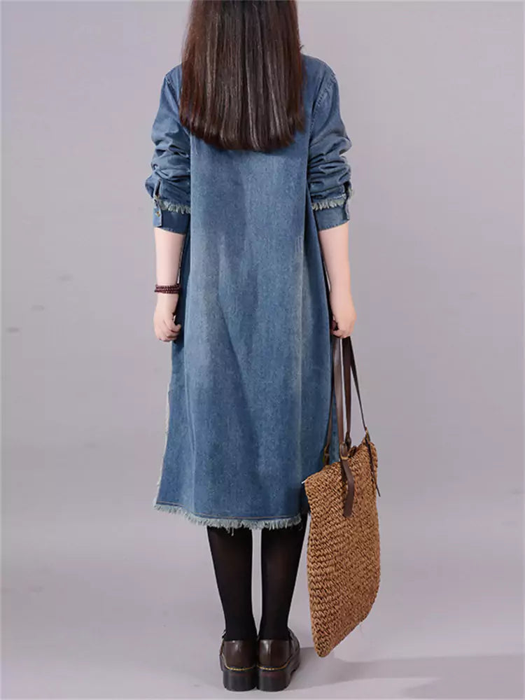 Damen-Hemdkleid in Übergröße mit Rissen, Taschen und langen Ärmeln