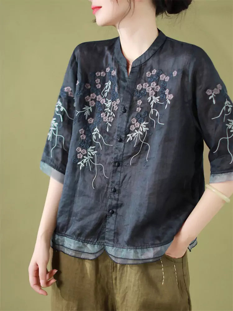 Plus Size Vintage Embroidered Floral Sheer Panel V-Neck Blouse