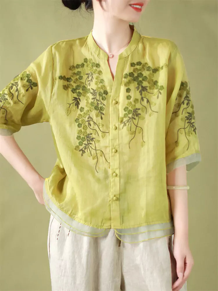 Plus Size Vintage Embroidered Floral Sheer Panel V-Neck Blouse