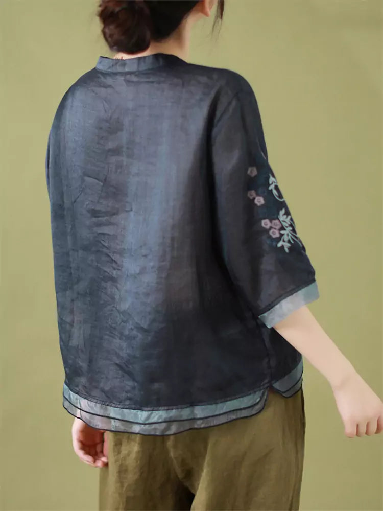 Plus Size Vintage Embroidered Floral Sheer Panel V-Neck Blouse