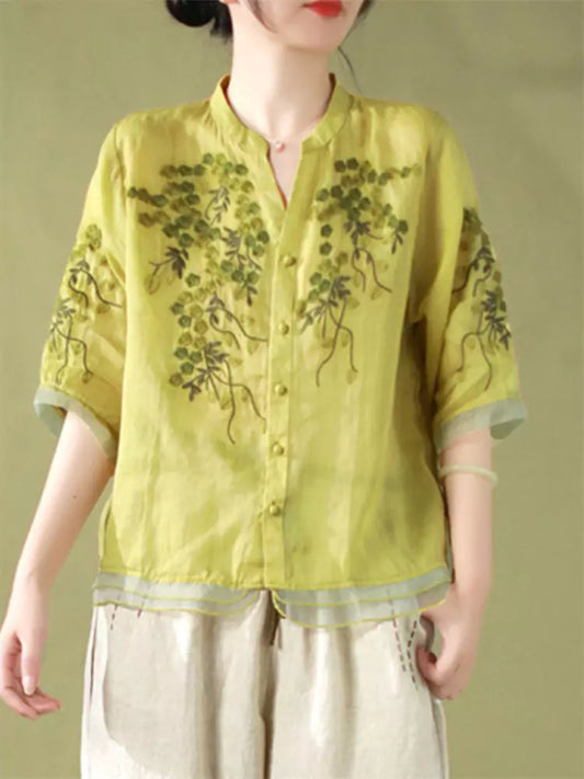 Plus Size Vintage Embroidered Floral Sheer Panel V-Neck Blouse