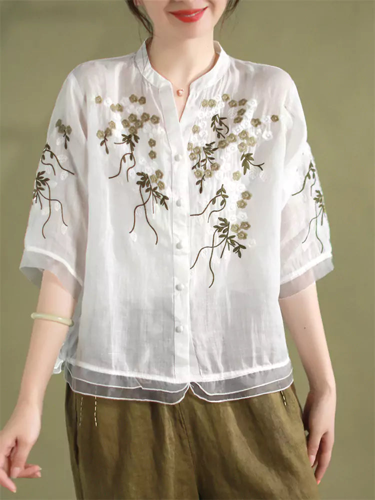 Plus Size Vintage Embroidered Floral Sheer Panel V-Neck Blouse