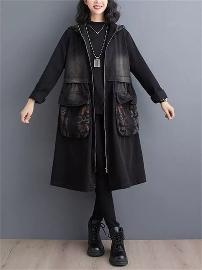 Women's Plus Size Vintage Zipper Denim Trench Coat with Big Pockets