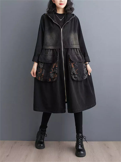 Women's Plus Size Vintage Zipper Denim Trench Coat with Big Pockets