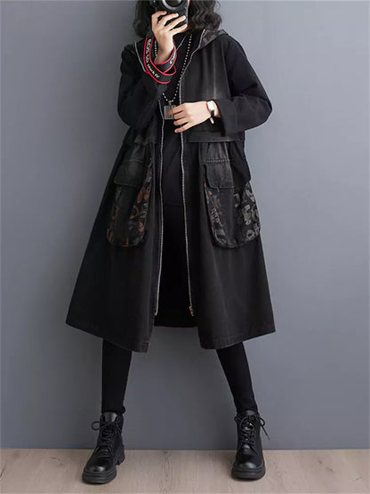 Women's Plus Size Vintage Zipper Denim Trench Coat with Big Pockets
